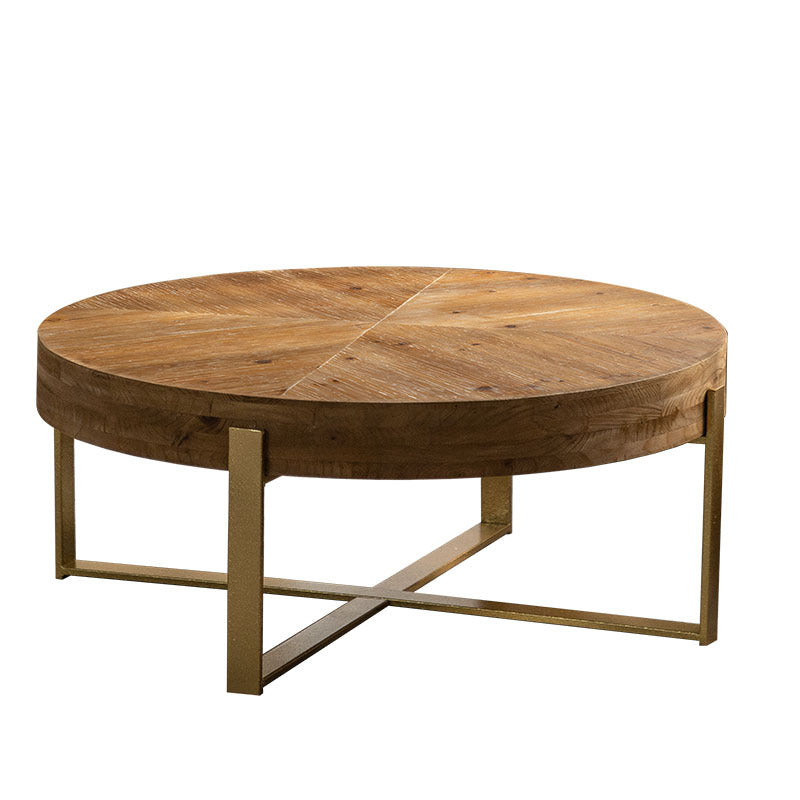 Traditional Vintage MDF Chinese Fir &amp; Iron Round Low Coffee Table With X-Shaped Leg For Living Room