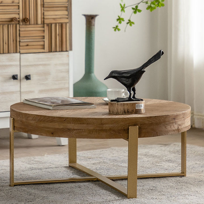 Traditional Vintage MDF Chinese Fir &amp; Iron Round Low Coffee Table With X-Shaped Leg For Living Room