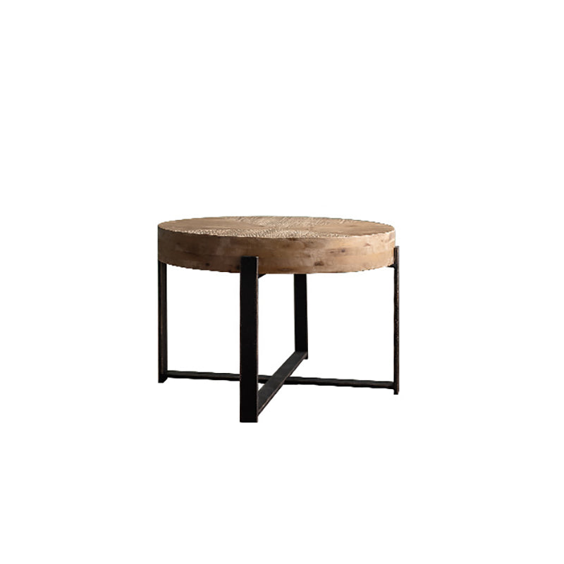 Traditional Vintage MDF Chinese Fir &amp; Iron Round Low Coffee Table With X-Shaped Leg For Living Room