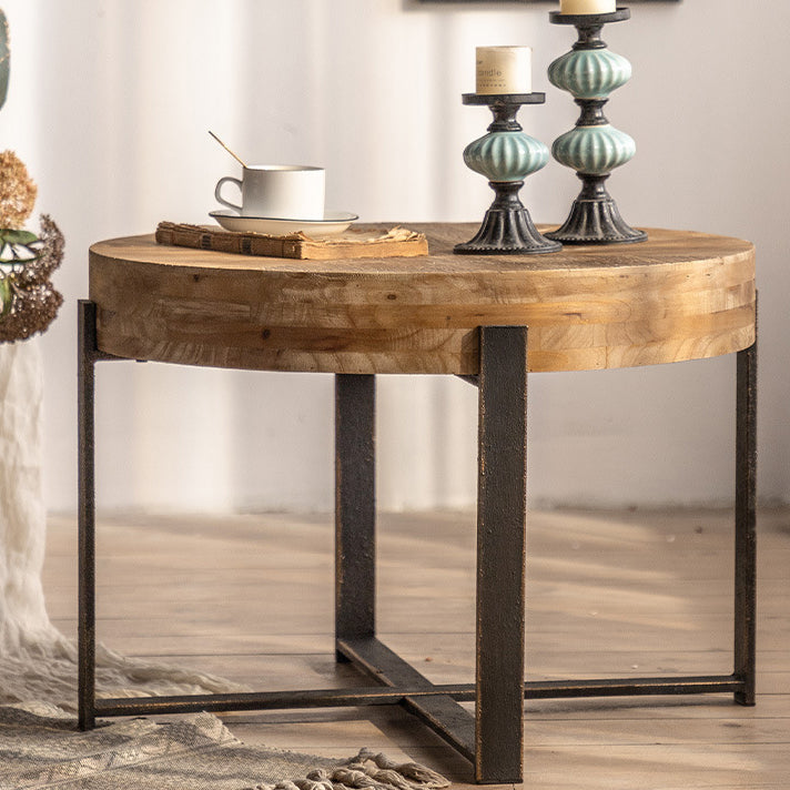 Traditional Vintage MDF Chinese Fir &amp; Iron Round Low Coffee Table With X-Shaped Leg For Living Room