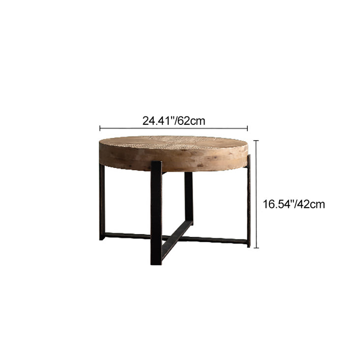 Traditional Vintage MDF Chinese Fir &amp; Iron Round Low Coffee Table With X-Shaped Leg For Living Room