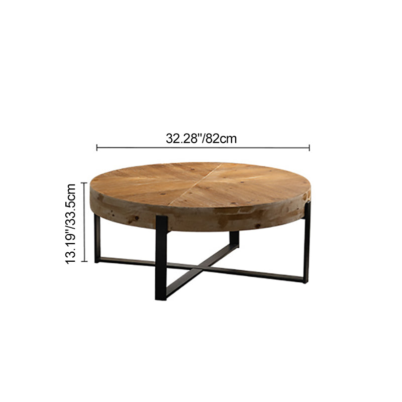 Traditional Vintage MDF Chinese Fir &amp; Iron Round Low Coffee Table With X-Shaped Leg For Living Room