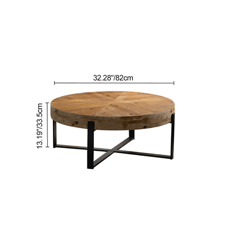 Traditional Vintage MDF Chinese Fir &amp; Iron Round Low Coffee Table With X-Shaped Leg For Living Room