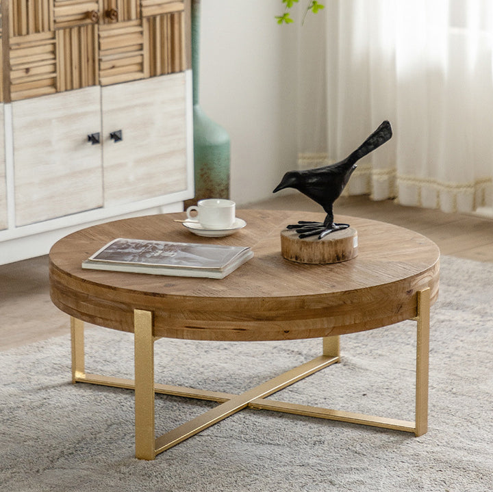 Traditional Vintage MDF Chinese Fir &amp; Iron Round Low Coffee Table With X-Shaped Leg For Living Room