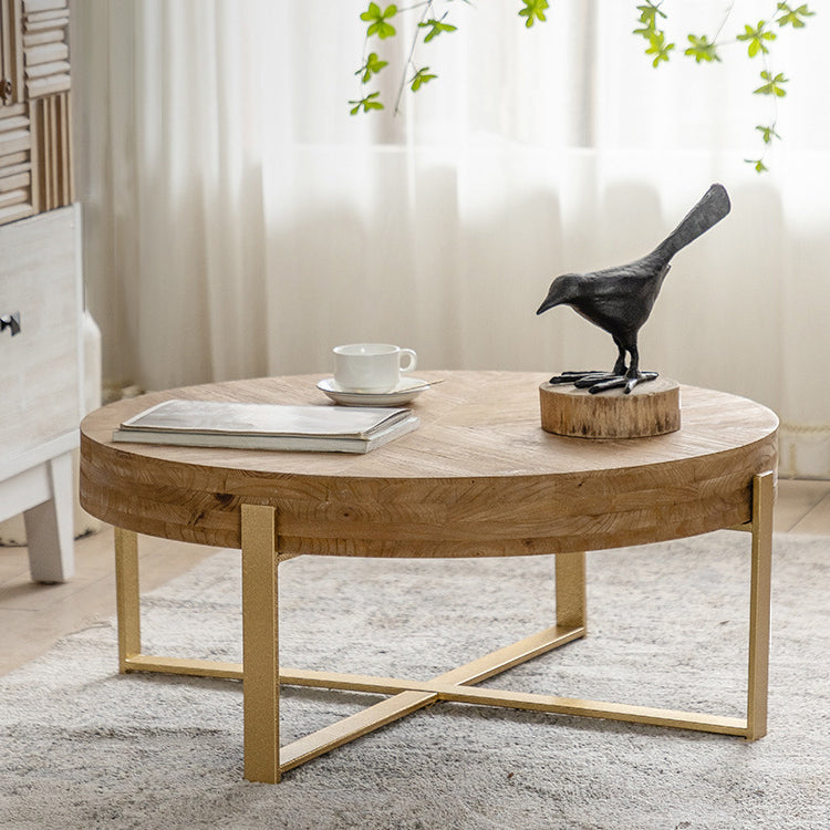 Traditional Vintage MDF Chinese Fir &amp; Iron Round Low Coffee Table With X-Shaped Leg For Living Room