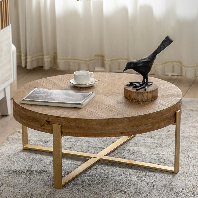 Traditional Vintage MDF Chinese Fir &amp; Iron Round Low Coffee Table With X-Shaped Leg For Living Room