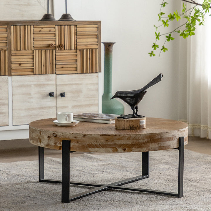Traditional Vintage MDF Chinese Fir &amp; Iron Round Low Coffee Table With X-Shaped Leg For Living Room