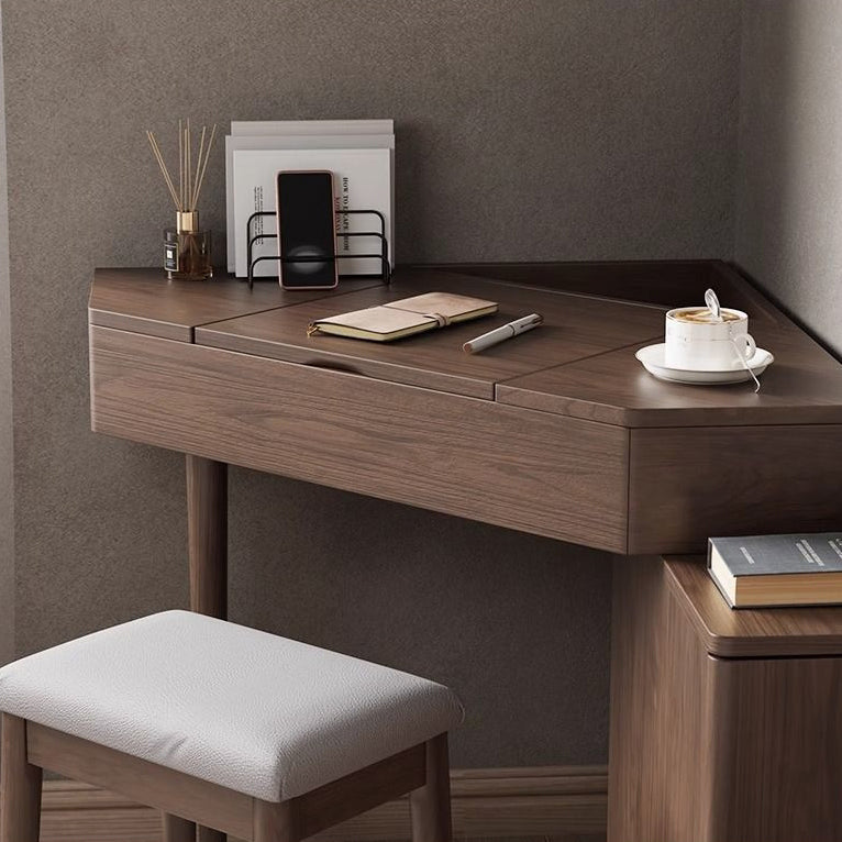 Contemporary Nordic Solid Wood Triangular Makeup Vanity & Stool Set With Mirror And Storage For Bedroom