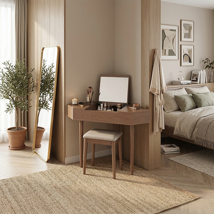 Contemporary Nordic Solid Wood Triangular Makeup Vanity &amp; Stool Set With Mirror And Storage For Bedroom