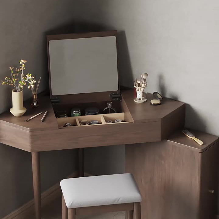 Contemporary Nordic Solid Wood Triangular Makeup Vanity &amp; Stool Set With Mirror And Storage For Bedroom