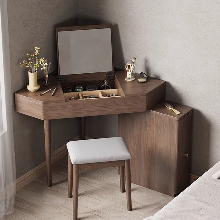 Contemporary Nordic Solid Wood Triangular Makeup Vanity &amp; Stool Set With Mirror And Storage For Bedroom