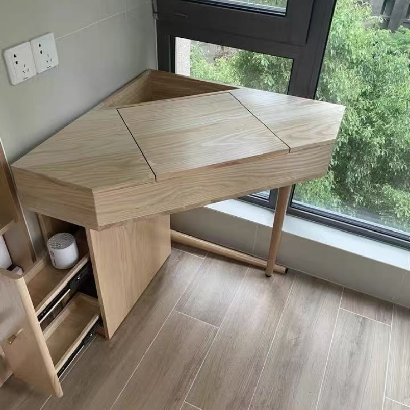 Contemporary Nordic Solid Wood Triangular Makeup Vanity &amp; Stool Set With Mirror And Storage For Bedroom