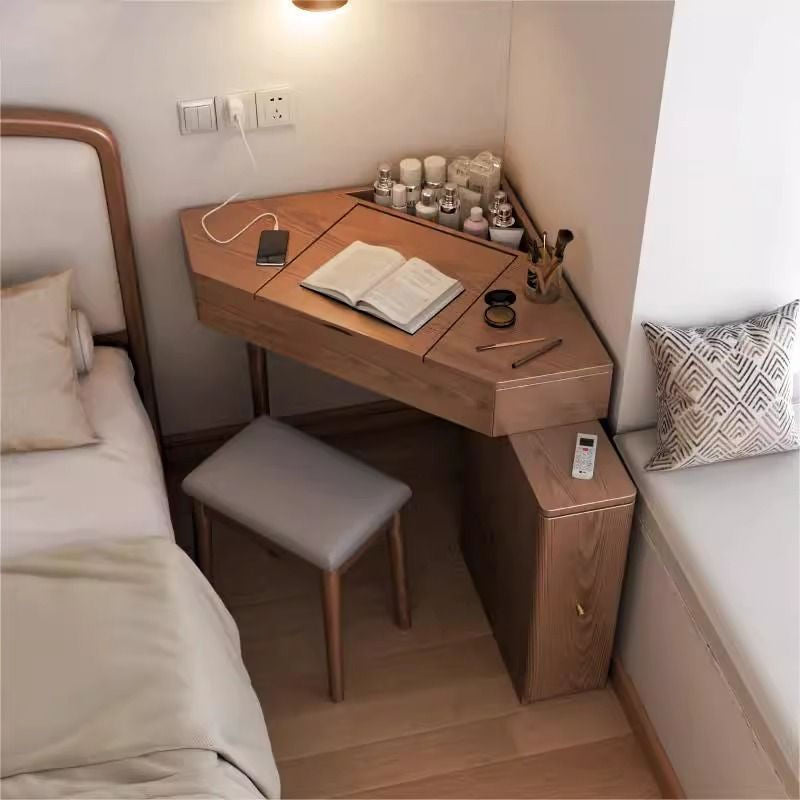 Contemporary Nordic Solid Wood Triangular Makeup Vanity &amp; Stool Set With Mirror And Storage For Bedroom