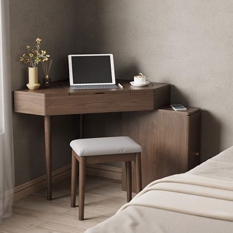 Contemporary Nordic Solid Wood Triangular Makeup Vanity &amp; Stool Set With Mirror And Storage For Bedroom