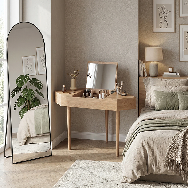 Contemporary Nordic Solid Wood Triangular Makeup Vanity &amp; Stool Set With Mirror And Storage For Bedroom