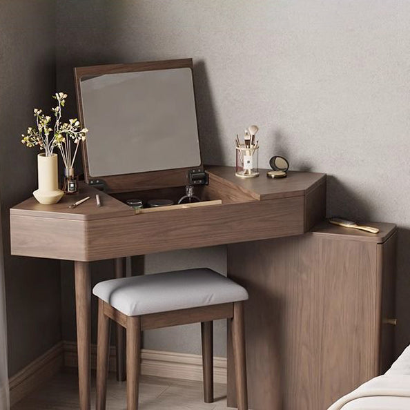 Contemporary Nordic Solid Wood Triangular Makeup Vanity &amp; Stool Set With Mirror And Storage For Bedroom