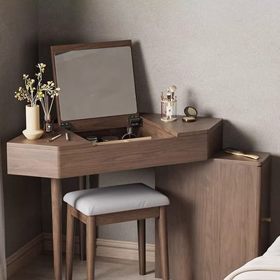 Contemporary Nordic Solid Wood Triangular Makeup Vanity & Stool Set With Mirror And Storage For Bedroom