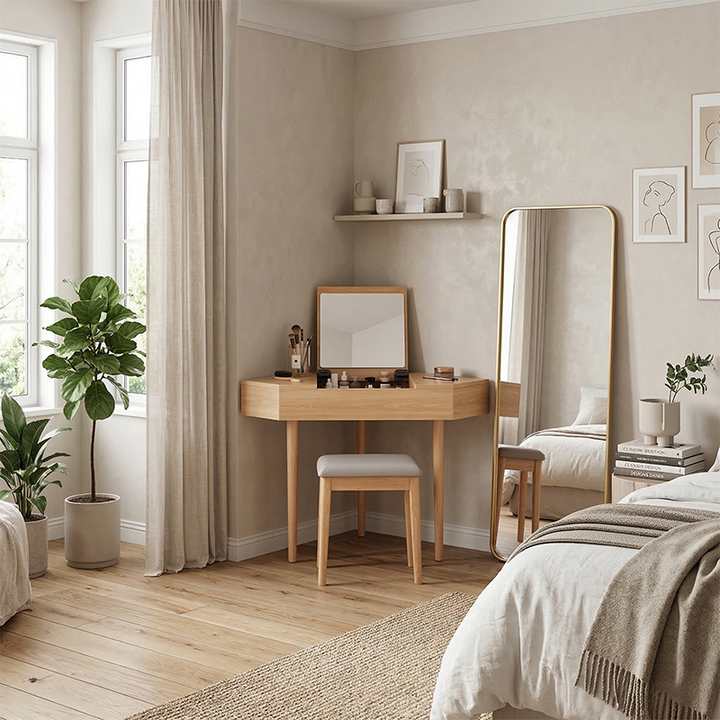 Contemporary Nordic Solid Wood Triangular Makeup Vanity &amp; Stool Set With Mirror And Storage For Bedroom