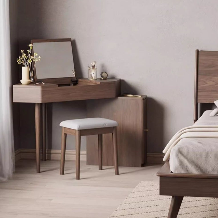 Contemporary Nordic Solid Wood Triangular Makeup Vanity & Stool Set With Mirror And Storage For Bedroom