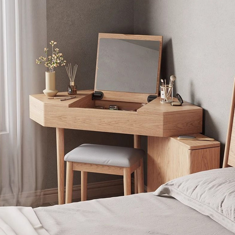 Contemporary Nordic Solid Wood Triangular Makeup Vanity &amp; Stool Set With Mirror And Storage For Bedroom