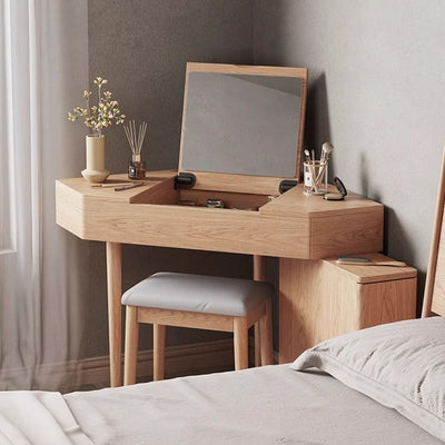 Contemporary Nordic Solid Wood Triangular Makeup Vanity & Stool Set With Mirror And Storage For Bedroom