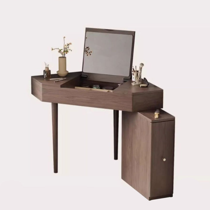 Contemporary Nordic Solid Wood Triangular Makeup Vanity &amp; Stool Set With Mirror And Storage For Bedroom