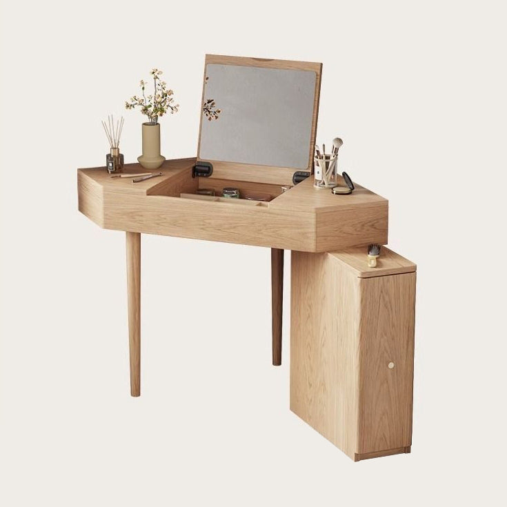 Contemporary Nordic Solid Wood Triangular Makeup Vanity &amp; Stool Set With Mirror And Storage For Bedroom