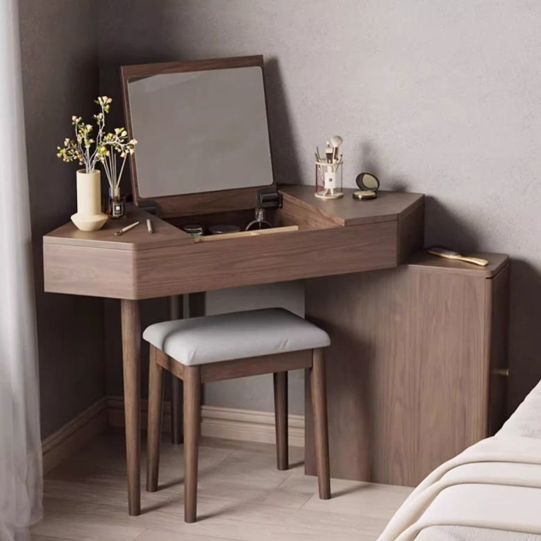 Contemporary Nordic Solid Wood Triangular Makeup Vanity & Stool Set With Mirror And Storage For Bedroom