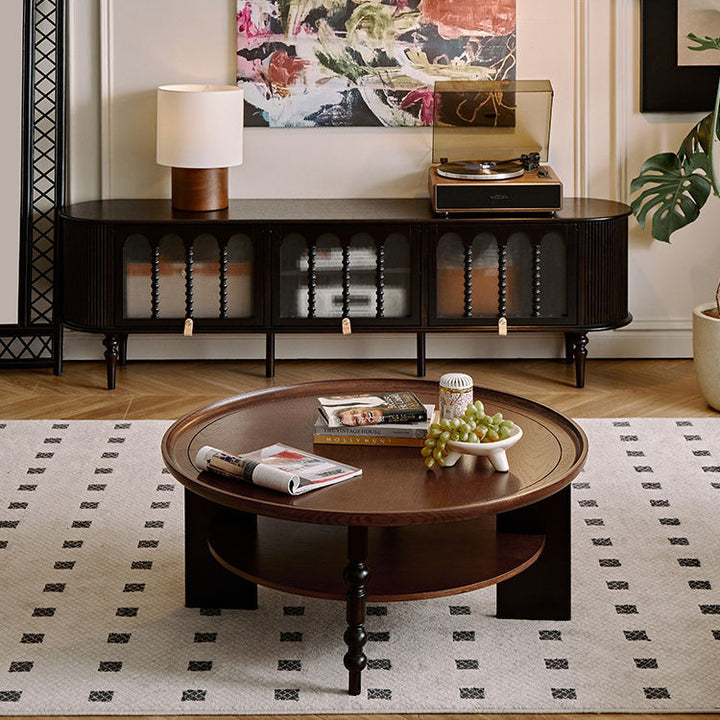Contemporary Retro Rubberwood Round Roman Column Coffee Table 2 Tiers For Living Room
