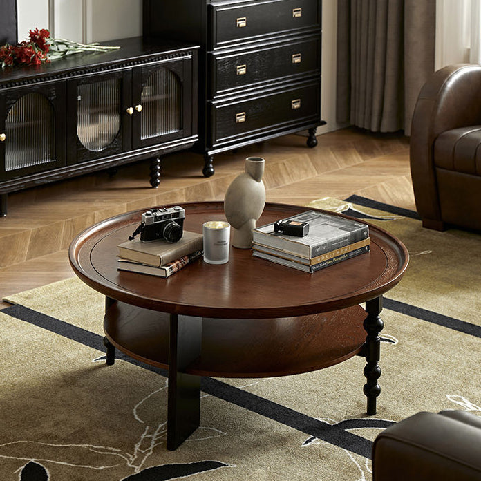 Contemporary Retro Rubberwood Round Roman Column Coffee Table 2 Tiers For Living Room