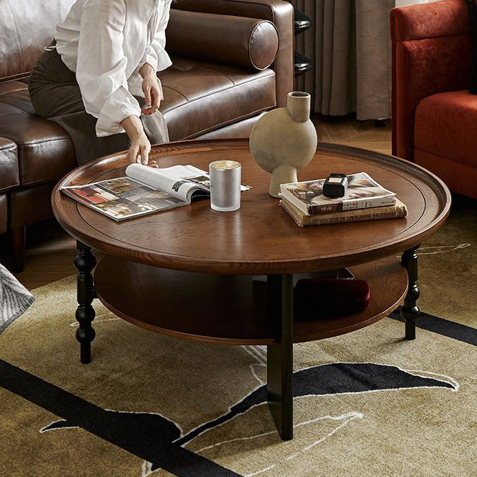 Contemporary Retro Rubberwood Round Roman Column Coffee Table 2 Tiers For Living Room