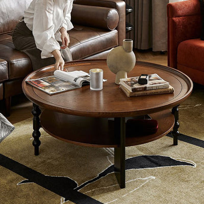 Contemporary Retro Solid Wood Round Roman Column Coffee Table 2 Tiers For Living Room