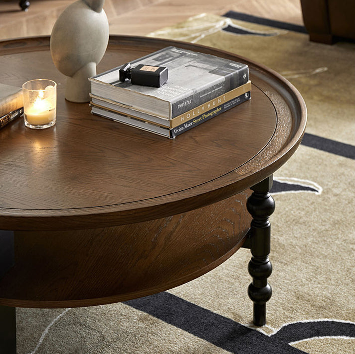 Contemporary Retro Rubberwood Round Roman Column Coffee Table 2 Tiers For Living Room