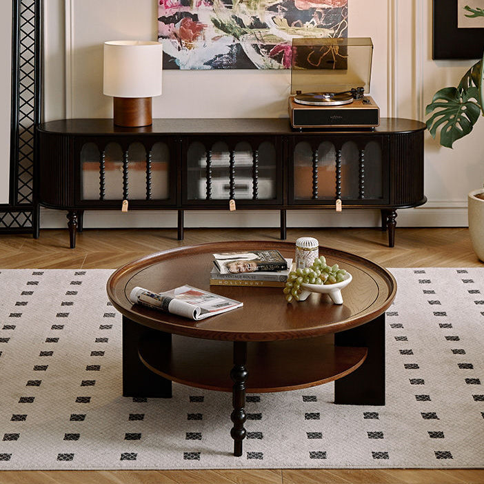 Contemporary Retro Rubberwood Round Roman Column Coffee Table 2 Tiers For Living Room