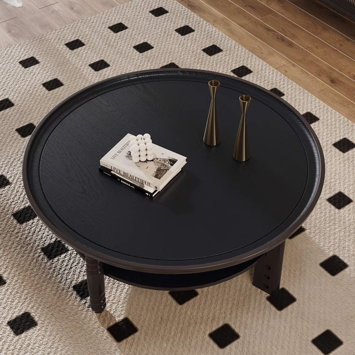 Contemporary Retro Rubberwood Round Roman Column Coffee Table 2 Tiers For Living Room