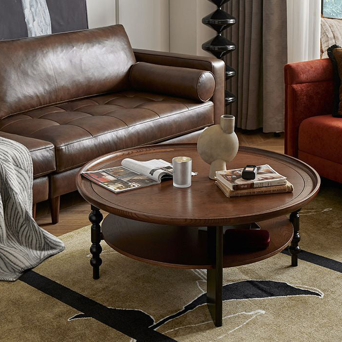 Contemporary Retro Rubberwood Round Roman Column Coffee Table 2 Tiers For Living Room