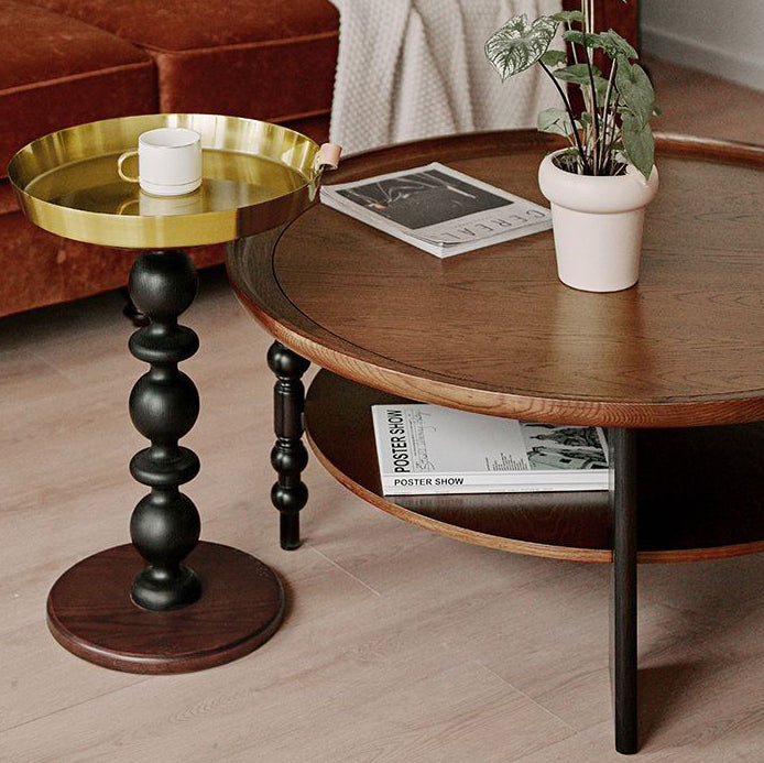 Contemporary Retro Rubberwood Round Roman Column Coffee Table 2 Tiers For Living Room