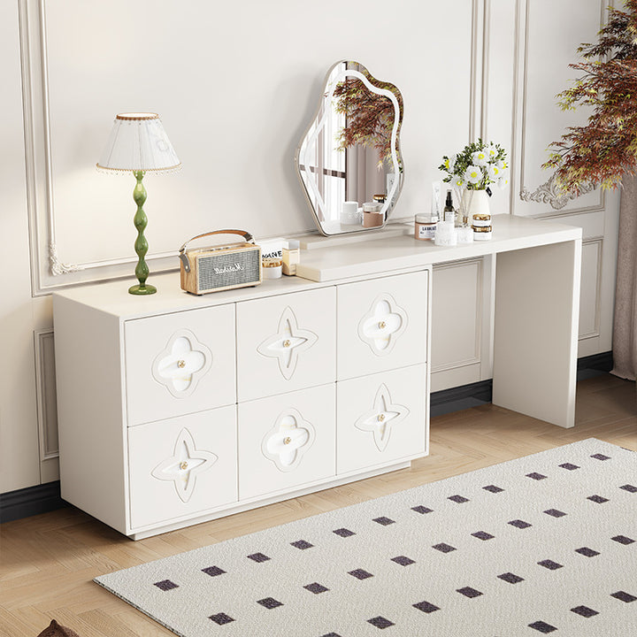 Traditional French Plywood Pine Wood Rectangular Clover Pattern Makeup Vanity &amp; Chair Set With Mirror And 6 Drawers For Bedroom
