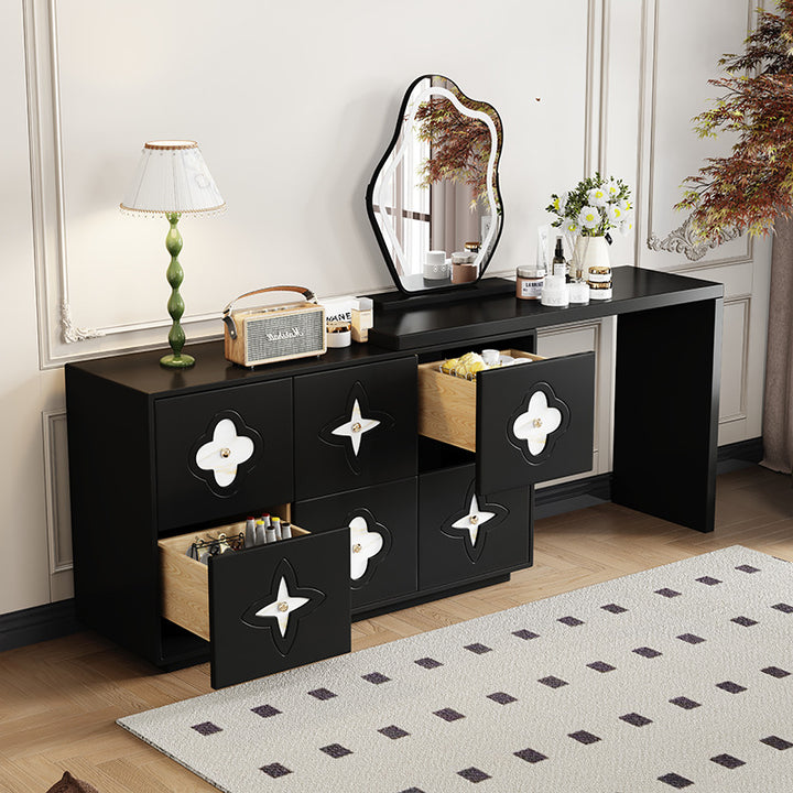 Traditional French Plywood Pine Wood Rectangular Clover Pattern Makeup Vanity &amp; Chair Set With Mirror And 6 Drawers For Bedroom