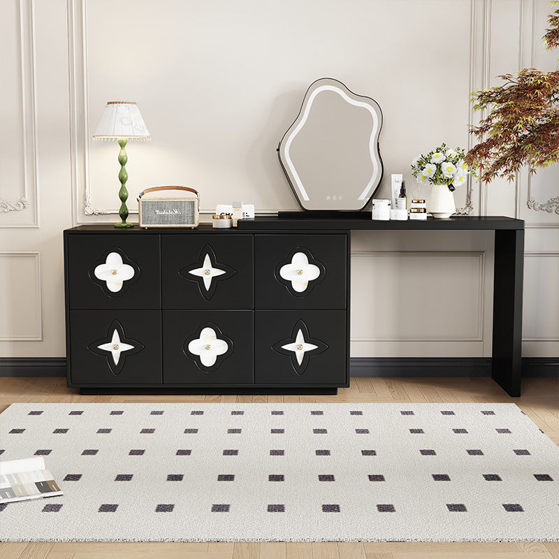 Traditional French Plywood Pine Wood Rectangular Clover Pattern Makeup Vanity &amp; Chair Set With Mirror And 6 Drawers For Bedroom