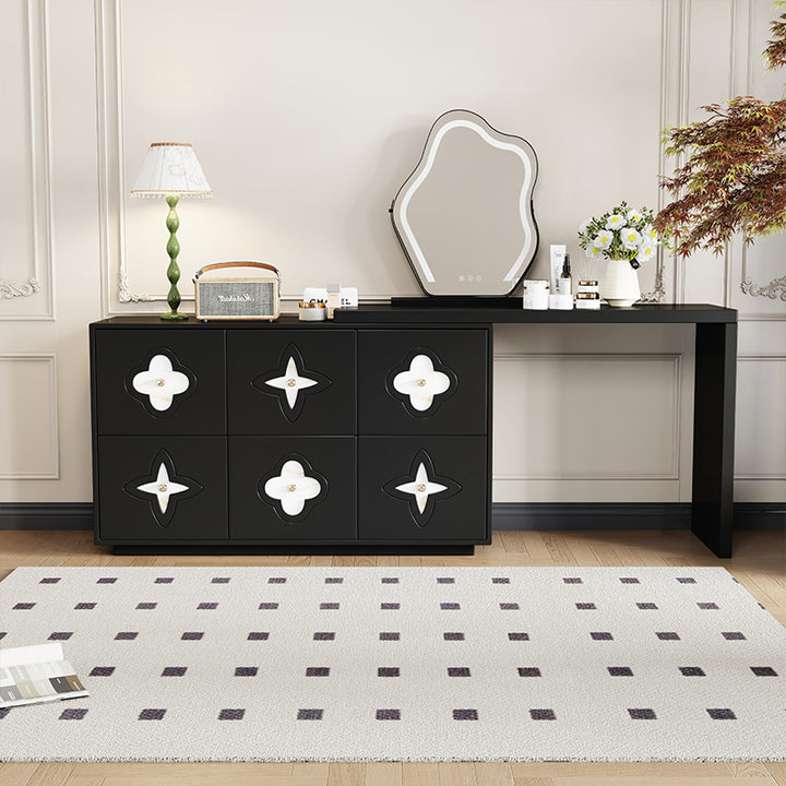 Traditional French Plywood Pine Wood Rectangular Clover Pattern Makeup Vanity &amp; Chair Set With Mirror And 6 Drawers For Bedroom
