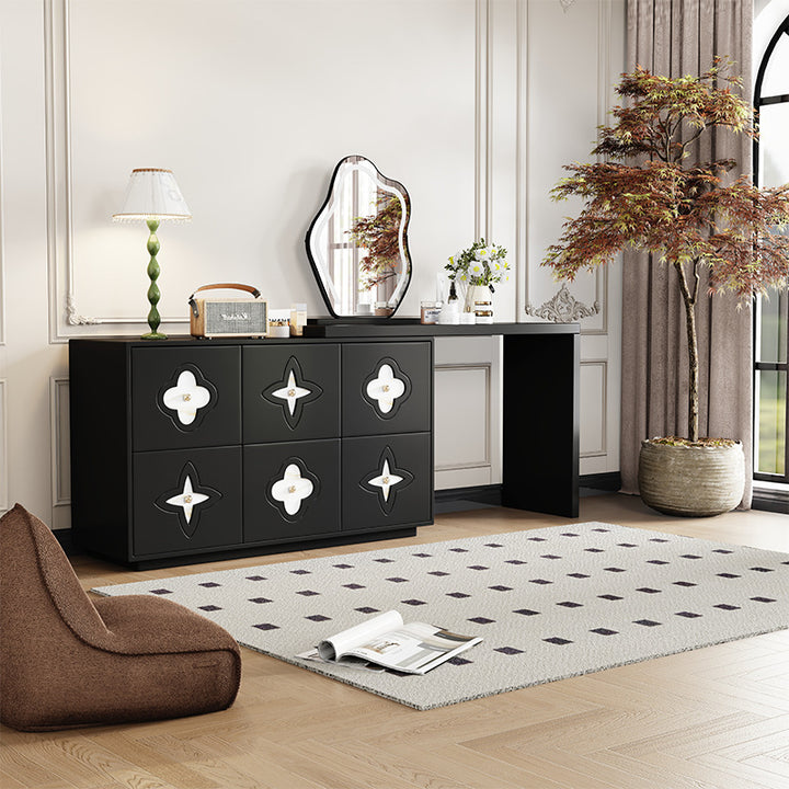Traditional French Plywood Pine Wood Rectangular Clover Pattern Makeup Vanity &amp; Chair Set With Mirror And 6 Drawers For Bedroom