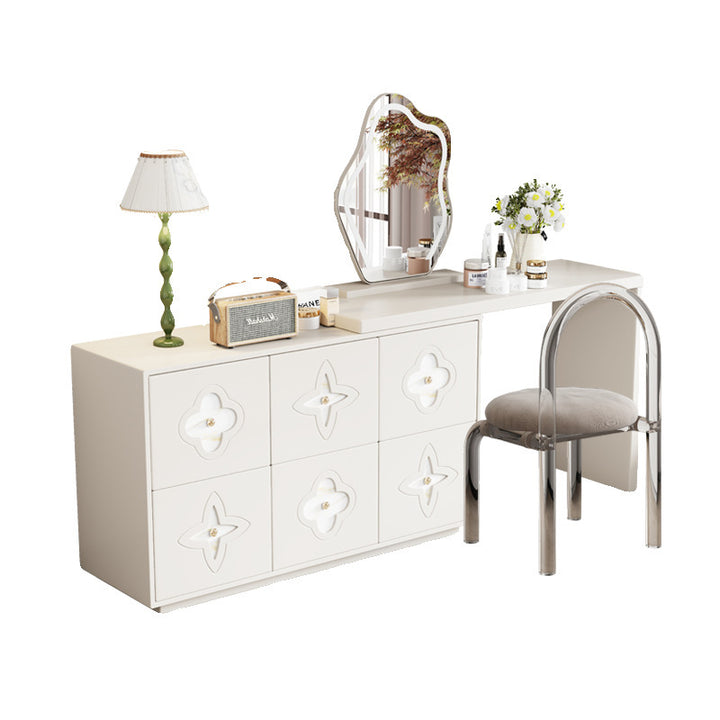 Traditional French Plywood Pine Wood Rectangular Clover Pattern Makeup Vanity &amp; Chair Set With Mirror And 6 Drawers For Bedroom