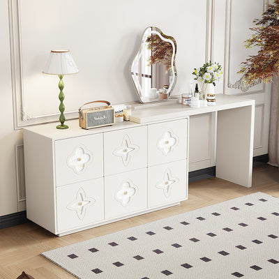 Traditional French Solid Wood Rectangular Clover Pattern Makeup Vanity & Chair Set With Mirror And 6 Drawers For Bedroom