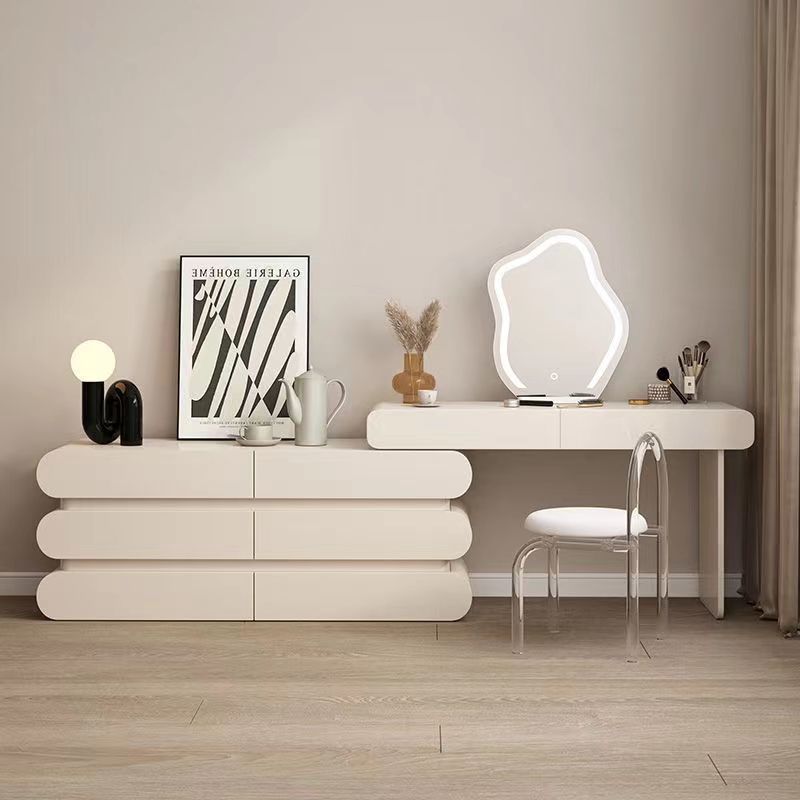 Traditional French Plywood Pine Wood Rectangular Clover Pattern Makeup Vanity &amp; Chair Set With Mirror And 6 Drawers For Bedroom