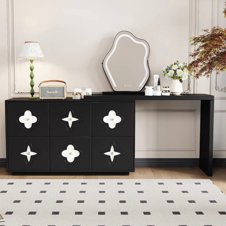 Traditional French Plywood Pine Wood Rectangular Clover Pattern Makeup Vanity &amp; Chair Set With Mirror And 6 Drawers For Bedroom