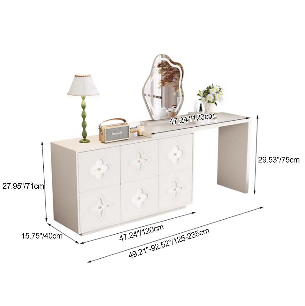 Traditional French Plywood Pine Wood Rectangular Clover Pattern Makeup Vanity &amp; Chair Set With Mirror And 6 Drawers For Bedroom