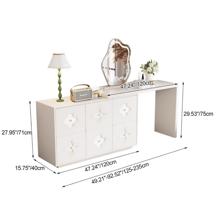 Traditional French Plywood Pine Wood Rectangular Clover Pattern Makeup Vanity &amp; Chair Set With Mirror And 6 Drawers For Bedroom