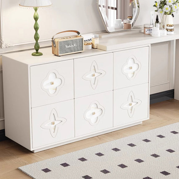 Traditional French Plywood Pine Wood Rectangular Clover Pattern Makeup Vanity &amp; Chair Set With Mirror And 6 Drawers For Bedroom