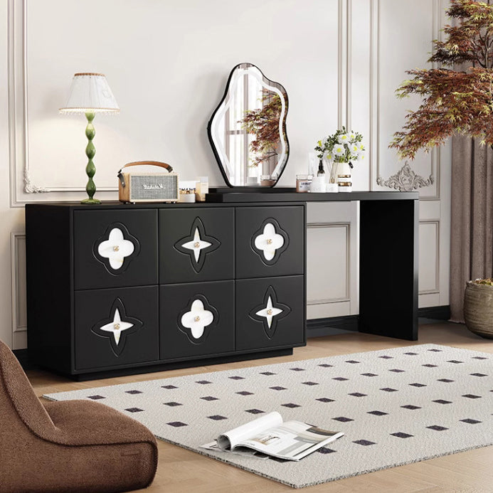 Traditional French Plywood Pine Wood Rectangular Clover Pattern Makeup Vanity &amp; Chair Set With Mirror And 6 Drawers For Bedroom